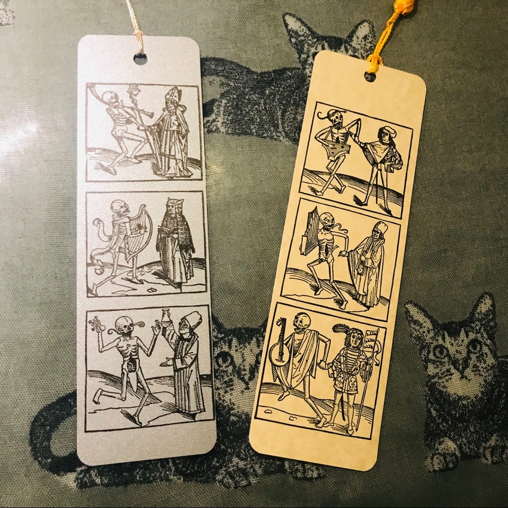 Handmade Letterpress Skeleton Bookmark – Vintage Woodcut Style Memento Mori Art